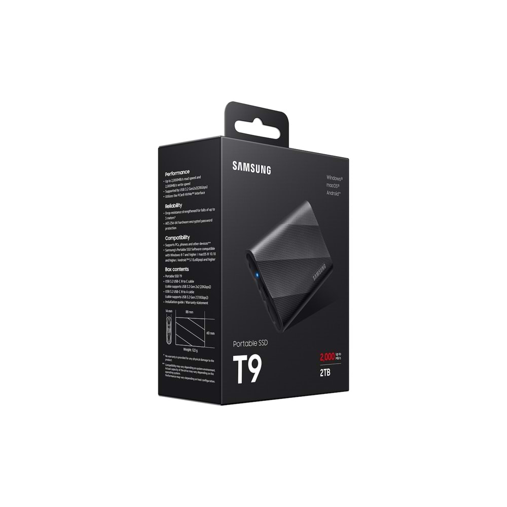 2TB SAMSUNG 2000/1950MB/s USB 3.2 GEN 2X2 TAŞINABİLİR T9 MU-PG2T0B/WW