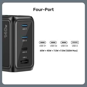 UNITEK REXO 140W 4 PORTLU AKILLI EKRANLI GAN SARJ CİHAZI (P1132ABK01-EU)