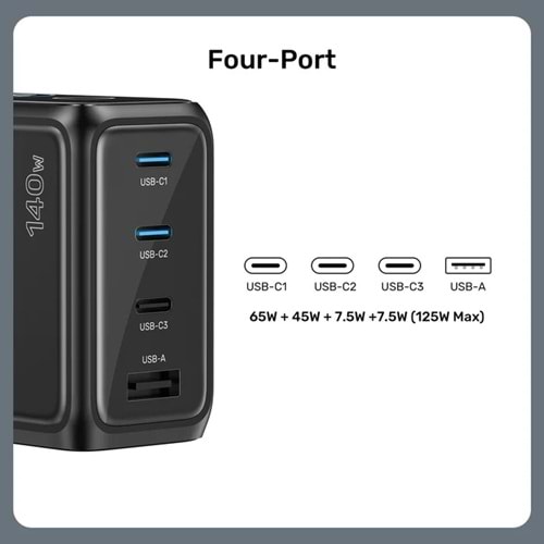 UNITEK REXO 140W 4 PORTLU AKILLI EKRANLI GAN SARJ CİHAZI (P1132ABK01-EU)