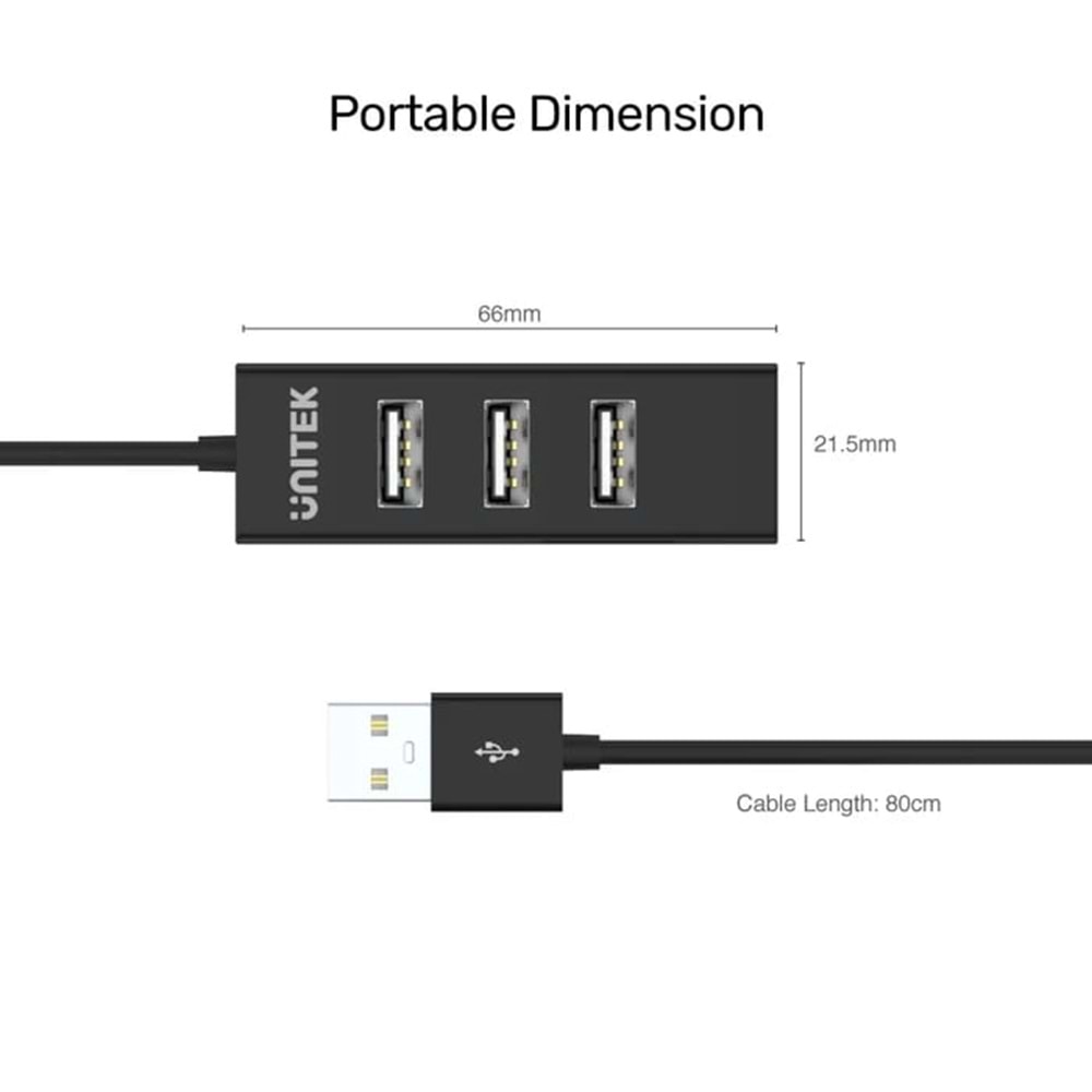 UNITEK TYPE-A TO 4 PORT USB HUB 80CM KABLO(Y-2140)