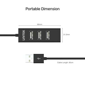 UNITEK TYPE-A TO 4 PORT USB HUB 80CM KABLO(Y-2140)
